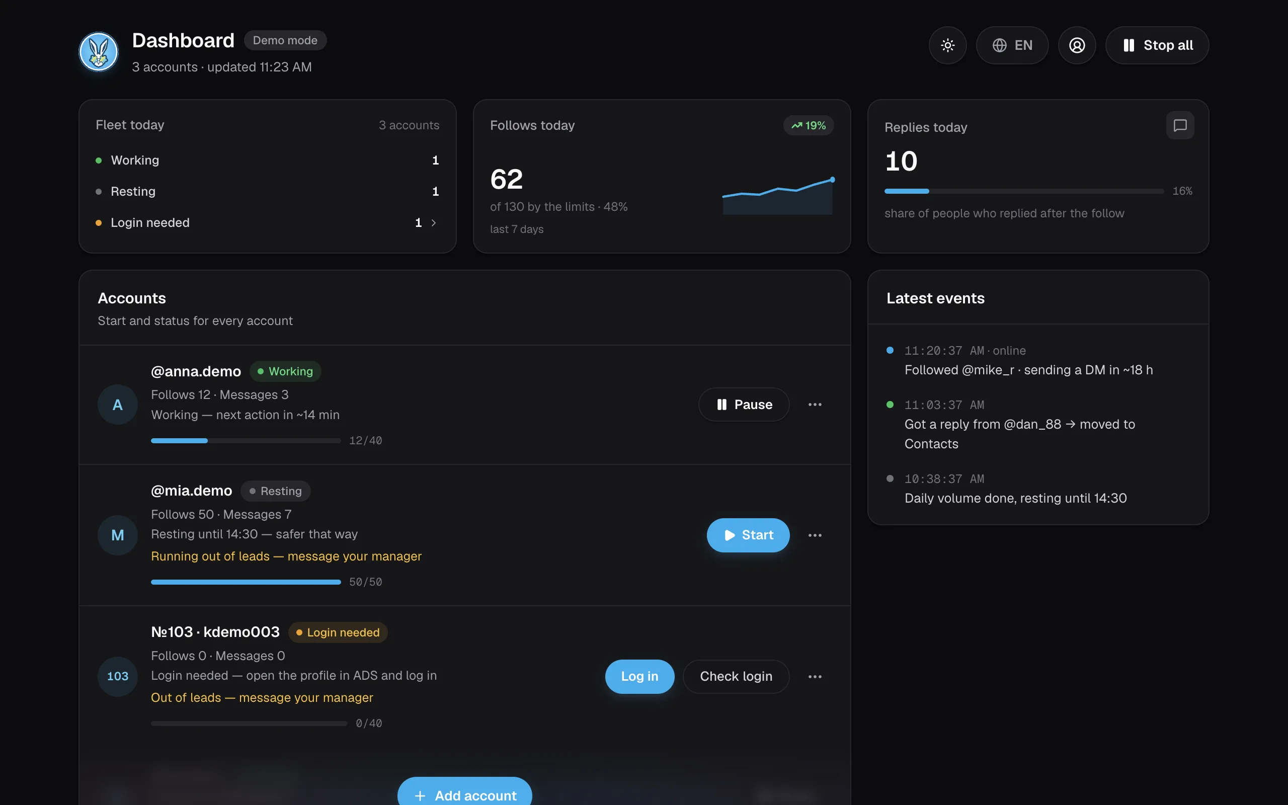 Starbunny OF DM dashboard: accounts, follows today, event log